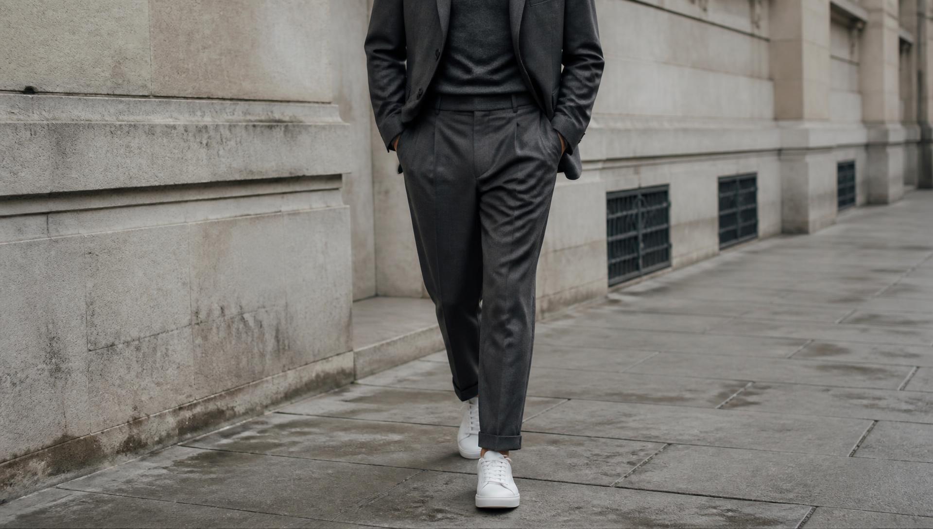 Homem em produção urbana usando sneakers brancos